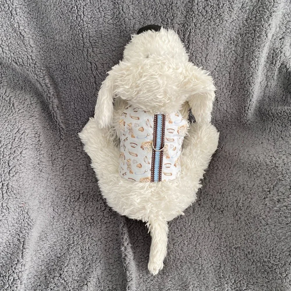NEW- Dog HARNESS in LIGHT BLUE W- BROWN dog items in print- handmade
